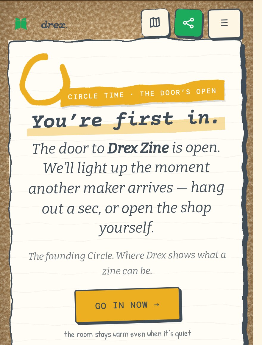 The Hour on Drex — the orb, 'the door's open, you're first in; we'll light up the moment another maker arrives'