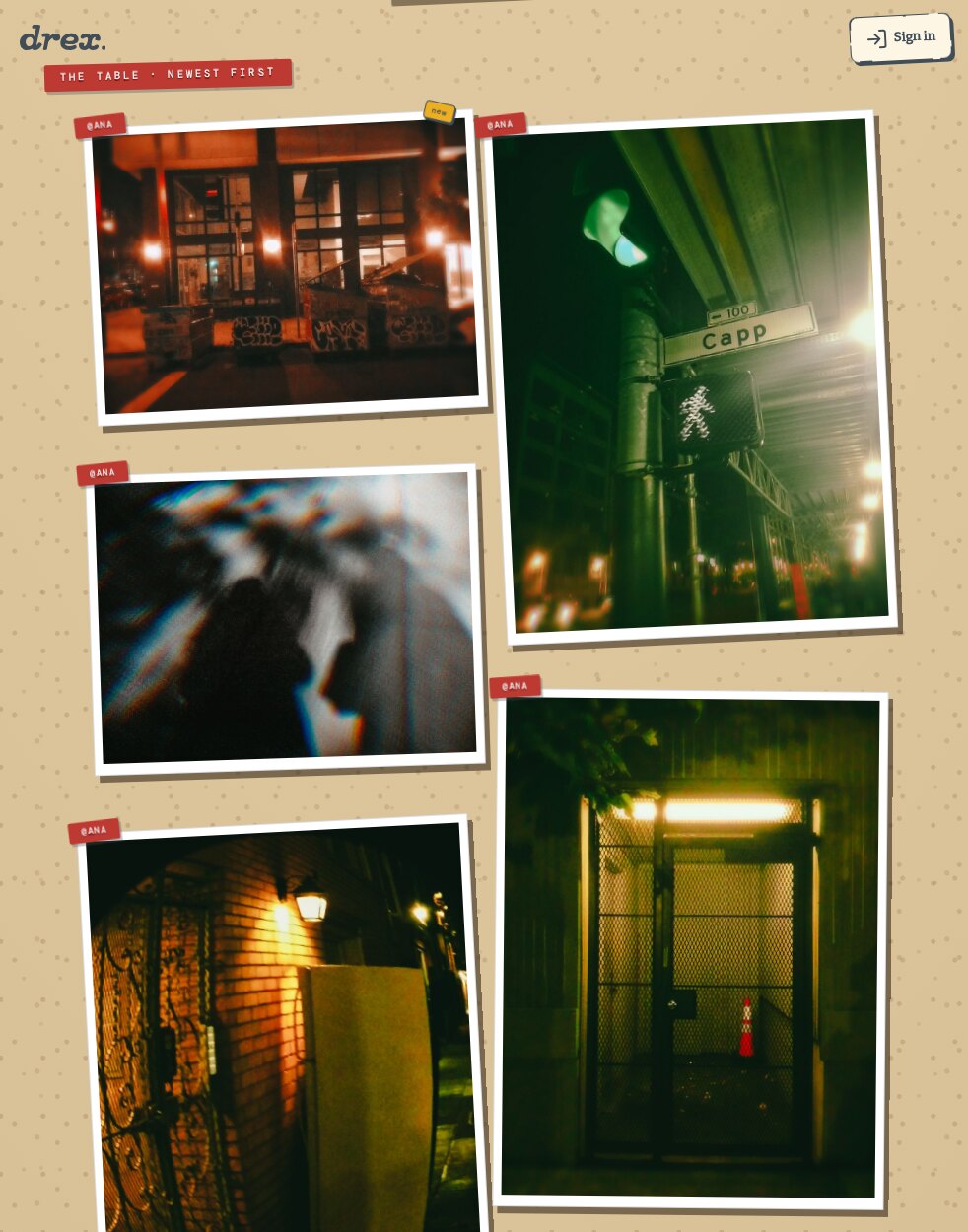 Photo Phloor's wall on Drex: the table, a corkboard of night photographs pinned up by the club's makers.