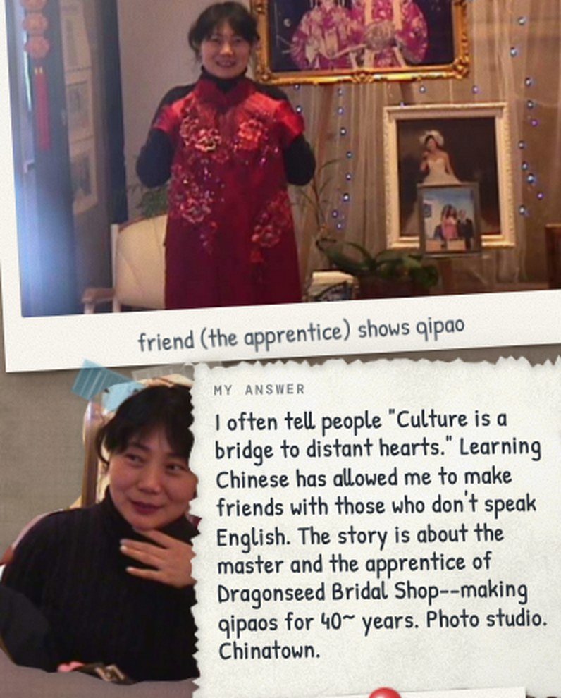 A submission in the issue: a photograph captioned &ldquo;friend (the apprentice) shows qipao&rdquo; of a woman in a red qipao in a bridal shop, and under it the maker&rsquo;s written answer about the master and the apprentice of a Chinatown bridal shop who have made qipaos for forty years.