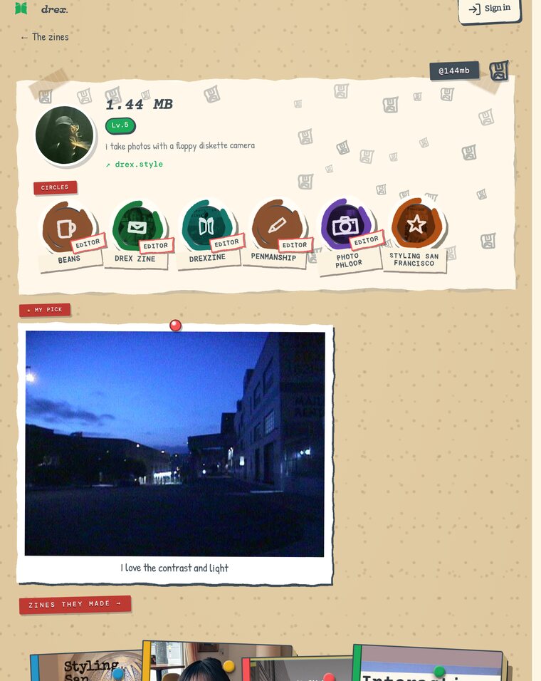 A maker's wall on Drex — a corkboard portfolio: bio, Lv.5 Legend, and six circles they edit