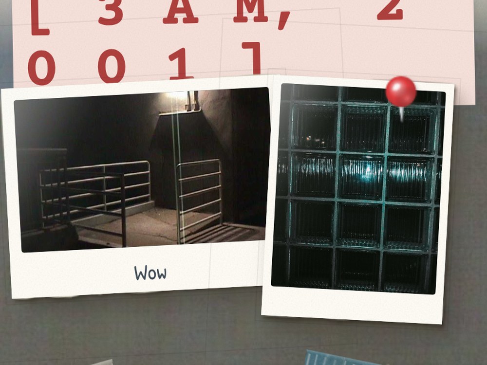 The published issue [ 3 A M, 2 0 0 1 ] from Photo Phloor: two night photographs pinned to the page &mdash; an empty lit stairwell and a glass-block window &mdash; one captioned &ldquo;Wow&rdquo;.
