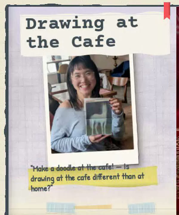 The book of issues in the Drex app, flipped open to another club's zine — &ldquo;Drawing at the Cafe&rdquo;