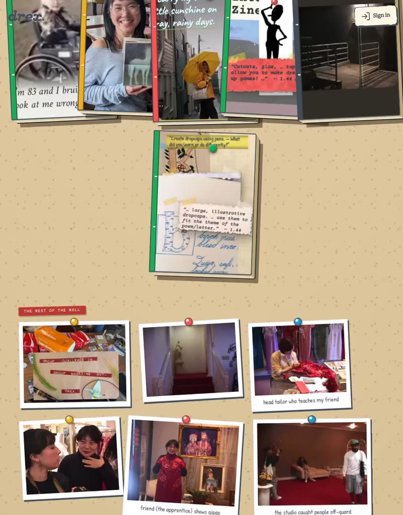 1.44 MB's wall on Drex: their pick photo pinned under a handwritten caption, the clubs they edit, and the zines they made.