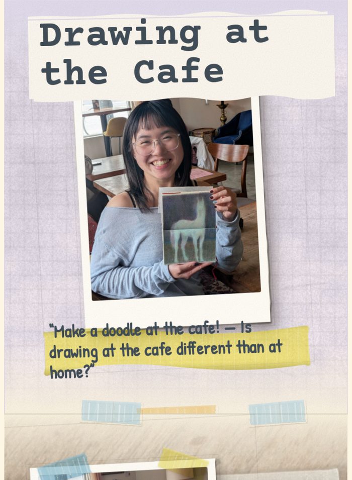 A real Drex club zine, &ldquo;Drawing at the Cafe&rdquo; &mdash; a taped photo of a maker holding her sketch, with the creative challenge highlighted.