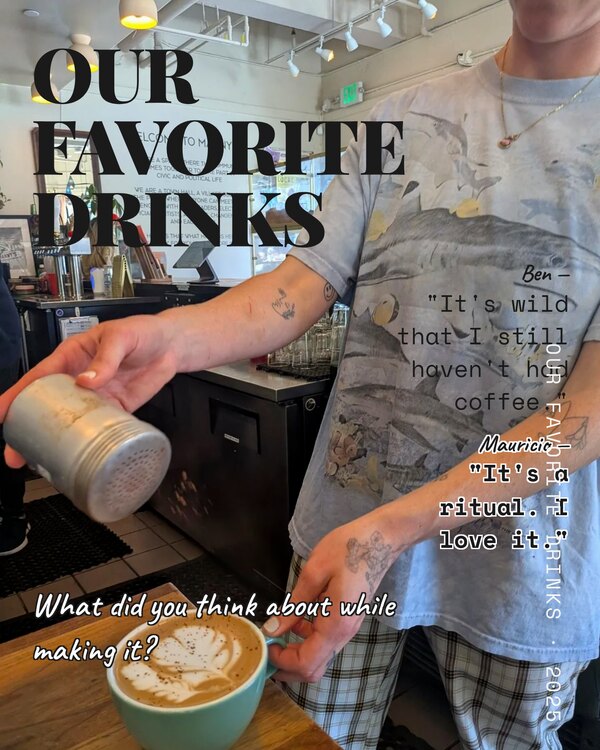 Our Favorite Drinks: cocoa dusted over a latte at the cafe counter.